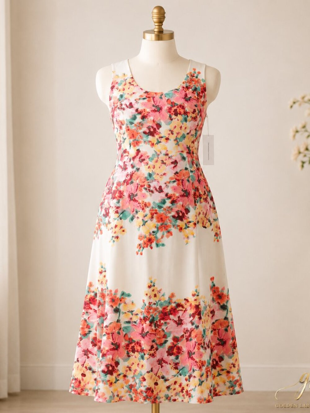 Maggy London Size 10 Floral Cotton Midi Dress NWT Scoop Neck Lined Back Zip
